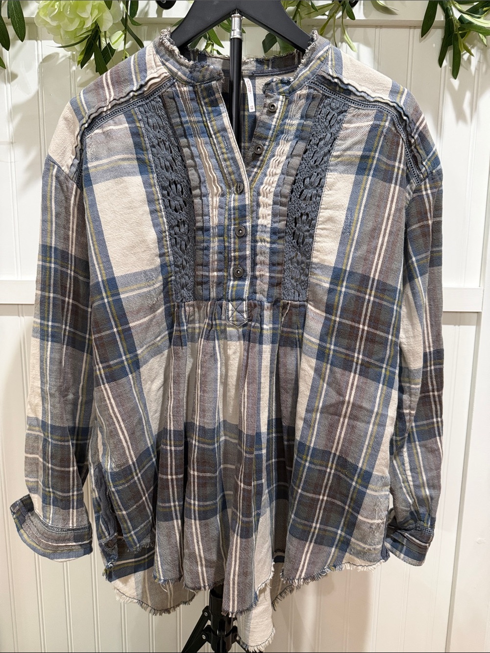 #1027 FREE PEOPLE Blue Cream & Brown Crochet-Trim Plaid Peasant Top Raw Hem